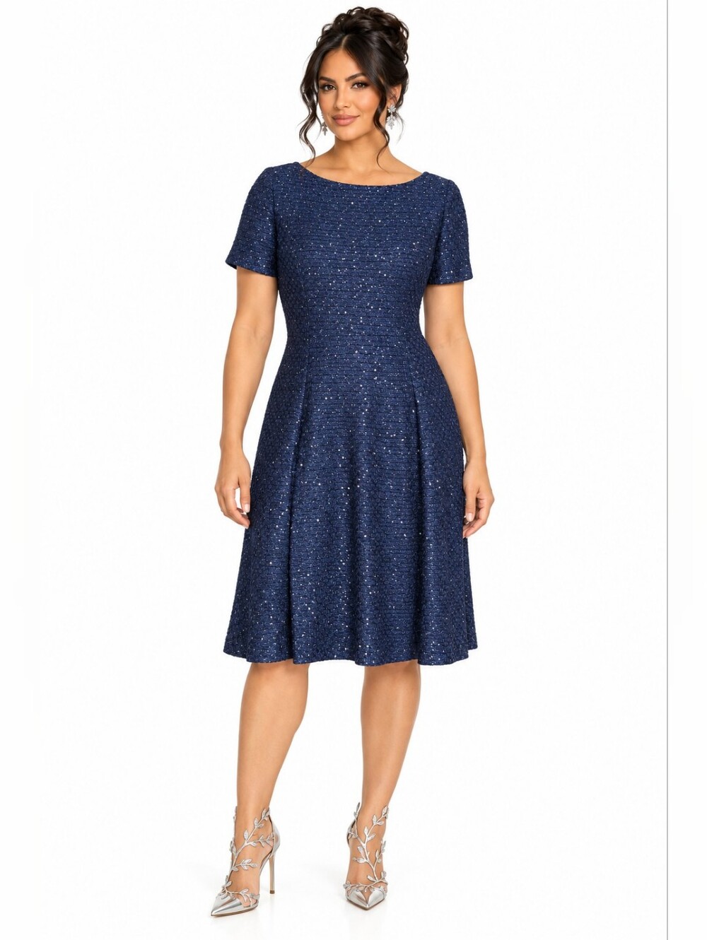 St. John Navy Sequin Knit Fit & Flare Dress US 12 Cocktail Knee Length